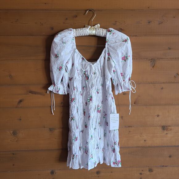 For Love & Lemons Tarte Eyelet Smocked Floral Mini Dress Small NWT Boho Cottage - Picture 2 of 7